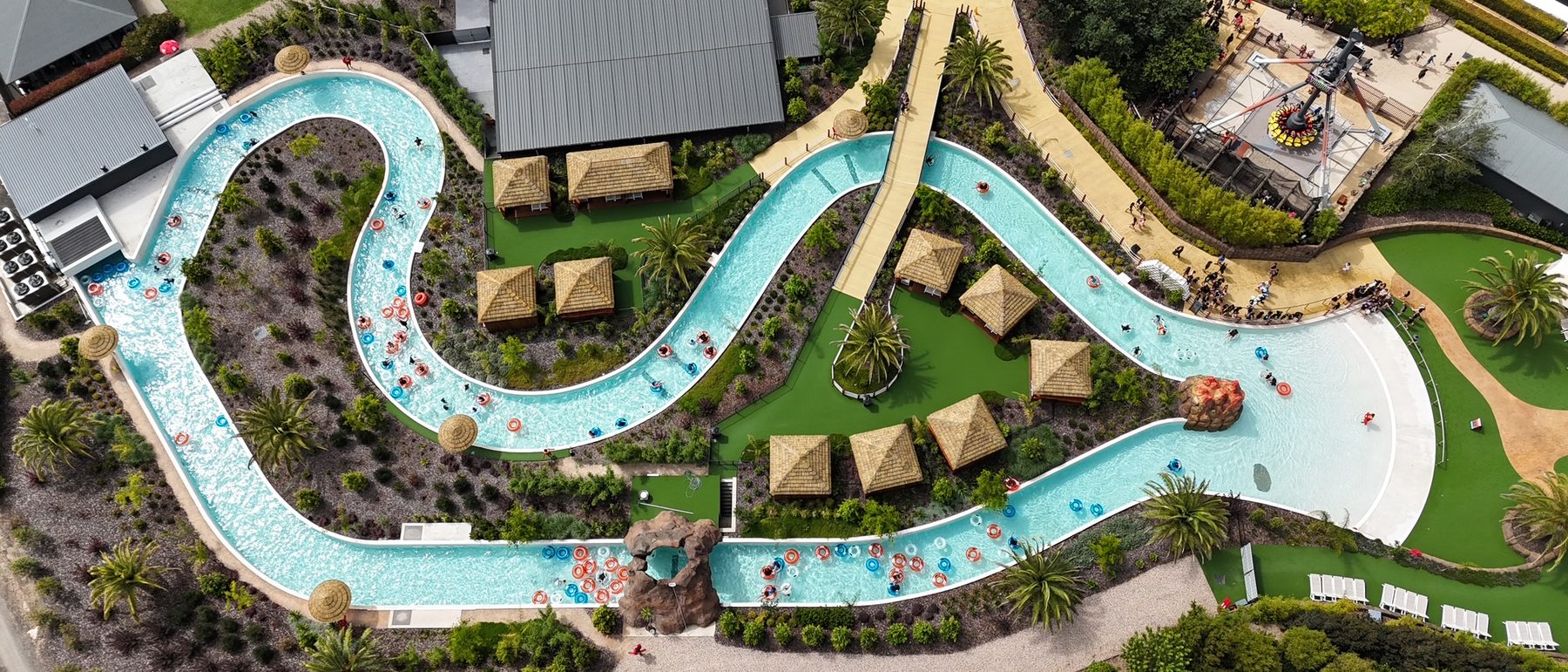 Aerial view of a 280 metre lazy river and cabana precinct built by Peninsula Aquatic at Funfields Theme Park